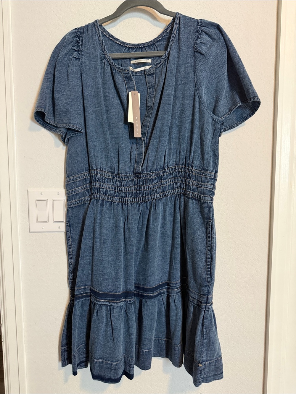 Anthropology Denim Tiered Short Sleeve Dress - Blue - Picture 2 of 9